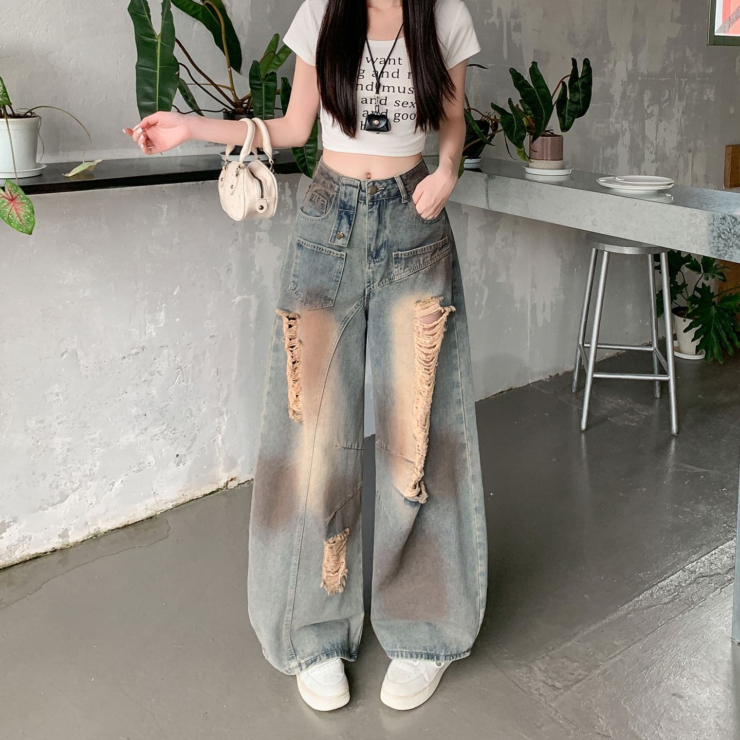 계절 새로운 찢어진 부분 청바지 여성 디자인 센스 불모지 바람 루즈핏 슬림해 보이는 와이드 레그 팬츠 바지 상세 이미지 4