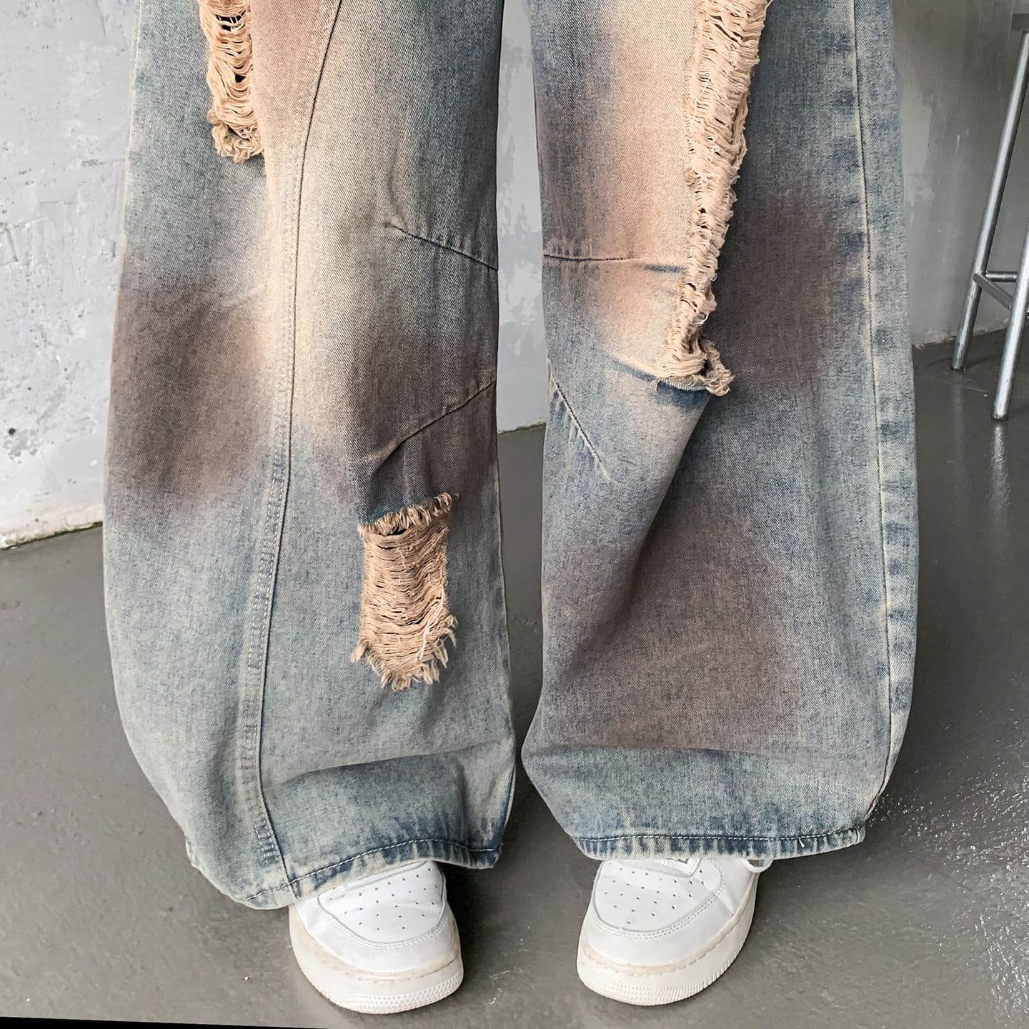 계절 새로운 찢어진 부분 청바지 여성 디자인 센스 불모지 바람 루즈핏 슬림해 보이는 와이드 레그 팬츠 바지 상세 이미지 13