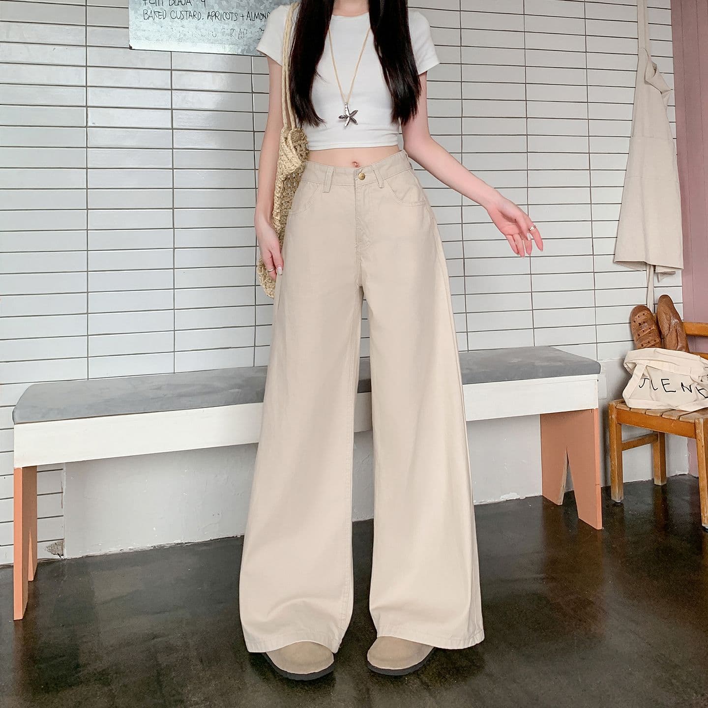 실사 살구 색상 넓은 다리 청바지 여성 새로운 아메리칸 작은 키 아니요 막대기 다리 루즈핏 슬림해 보이는 스트레이트 팬츠 상세 이미지 3