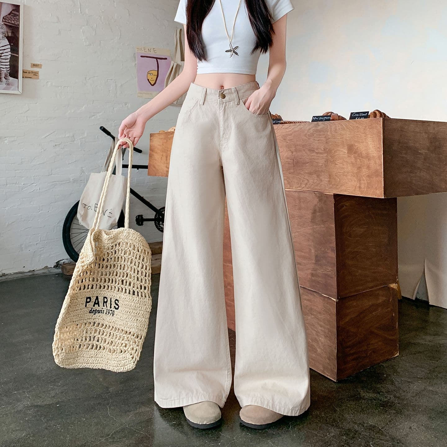 실사 살구 색상 넓은 다리 청바지 여성 새로운 아메리칸 작은 키 아니요 막대기 다리 루즈핏 슬림해 보이는 스트레이트 팬츠 상세 이미지 6