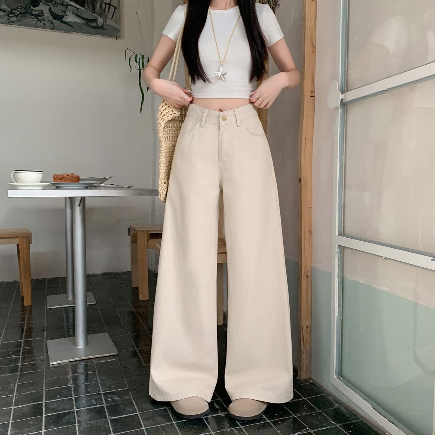 실사 살구 색상 넓은 다리 청바지 여성 새로운 아메리칸 작은 키 아니요 막대기 다리 루즈핏 슬림해 보이는 스트레이트 팬츠 상세 이미지 9