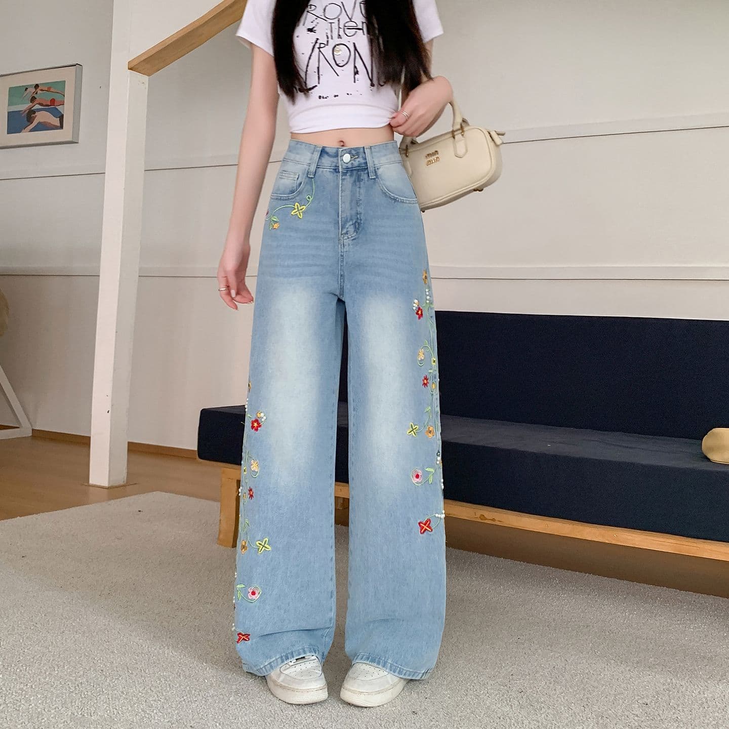 실사 꽃무늬 아라비 움 자수 진주 청바지 여성 새로운 루즈핏 프로필 모양 스트레이트 워싱 롱 바지 이미지 2