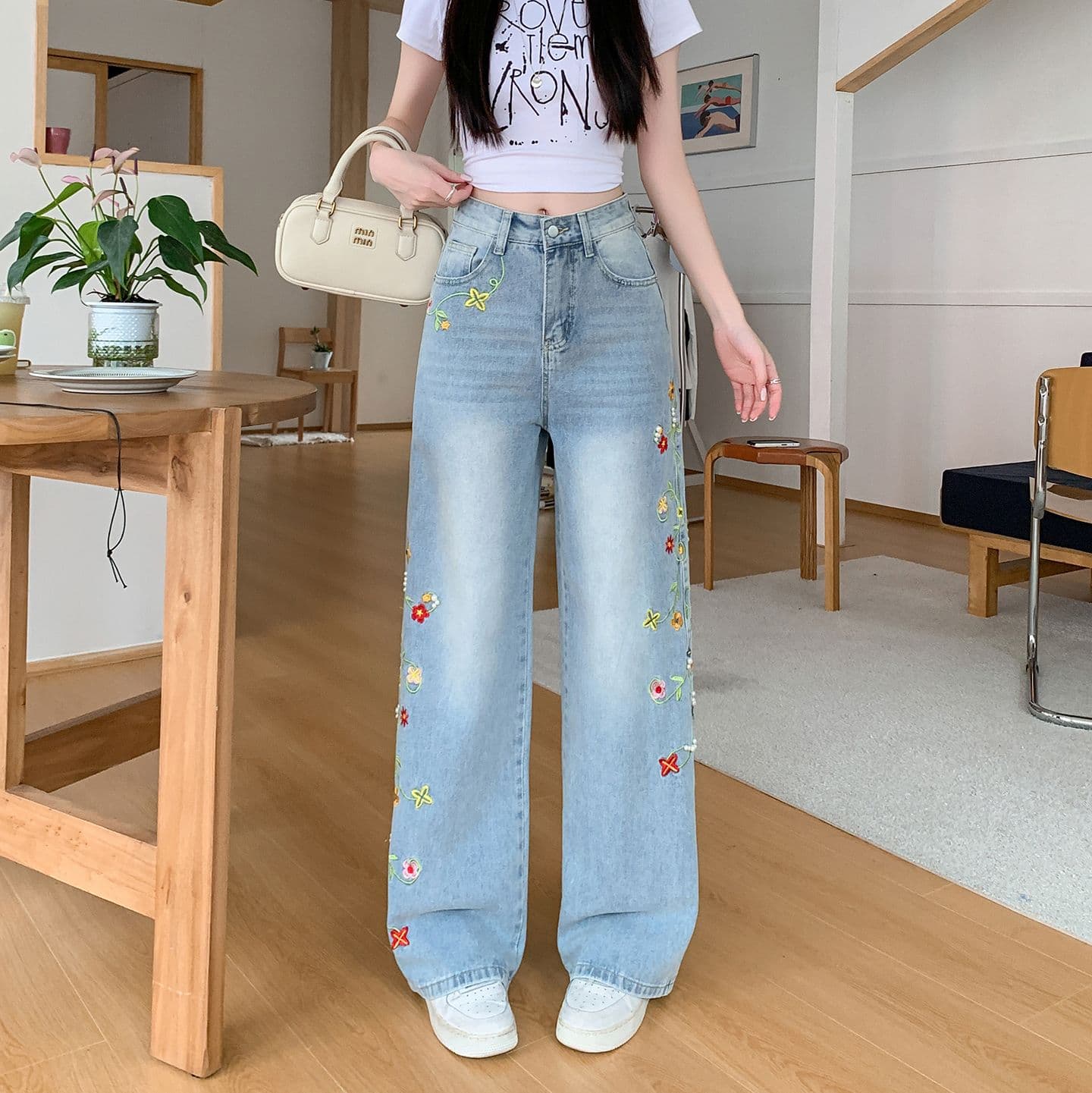실사 꽃무늬 아라비 움 자수 진주 청바지 여성 새로운 루즈핏 프로필 모양 스트레이트 워싱 롱 바지 상세 이미지 4