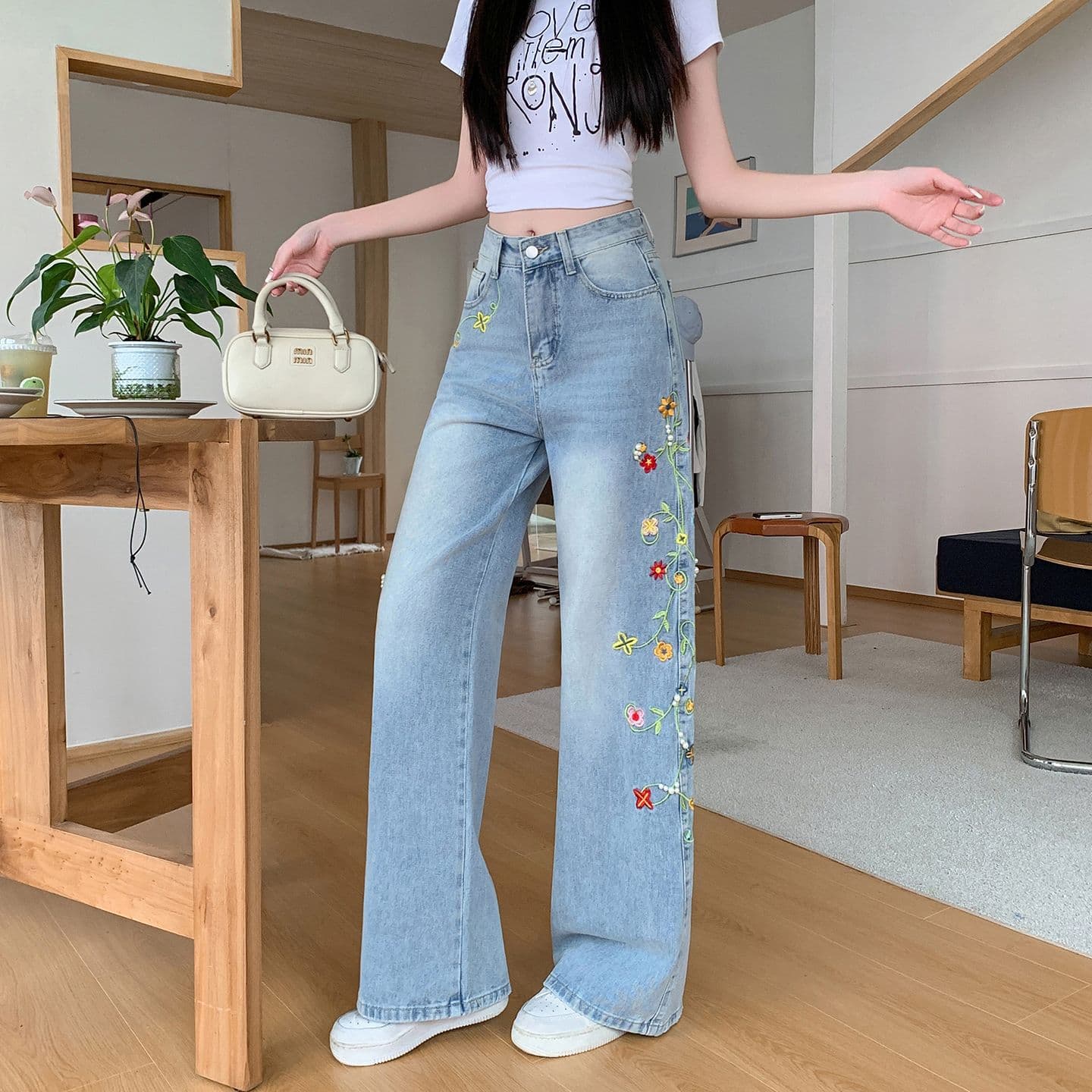 실사 꽃무늬 아라비 움 자수 진주 청바지 여성 새로운 루즈핏 프로필 모양 스트레이트 워싱 롱 바지 상세 이미지 5