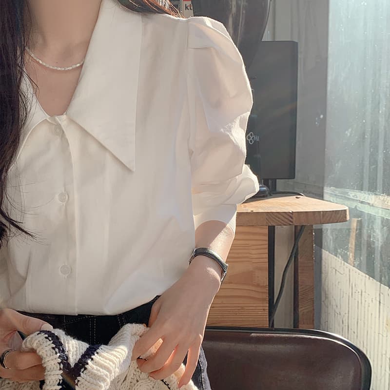 프랑스식 레트로 고급 센스 품격 미니멀리즘 다용도 긴팔 만나는 거품 소매 셔츠 맨위 ins 이미지 4