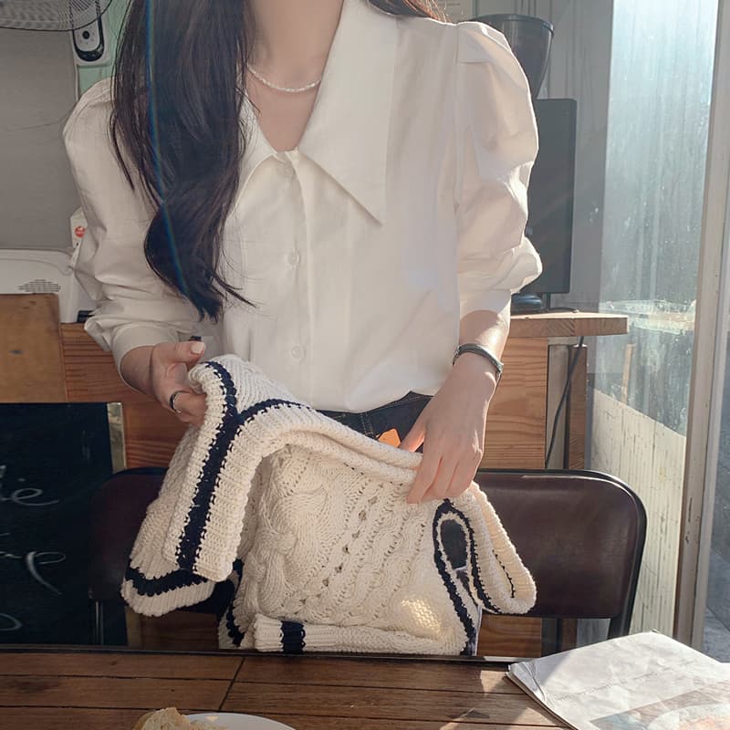 프랑스식 레트로 고급 센스 품격 미니멀리즘 다용도 긴팔 만나는 거품 소매 셔츠 맨위 ins 상세 이미지 2