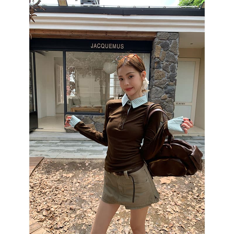 원본 품질 커피 색상 페이크 레이어드 스트라이프 POLO 칼라 긍정적 인 어깨 긴팔 티셔츠 봄 가을 빅 사이즈 몸매 가꾸기 맨위 이미지 2
