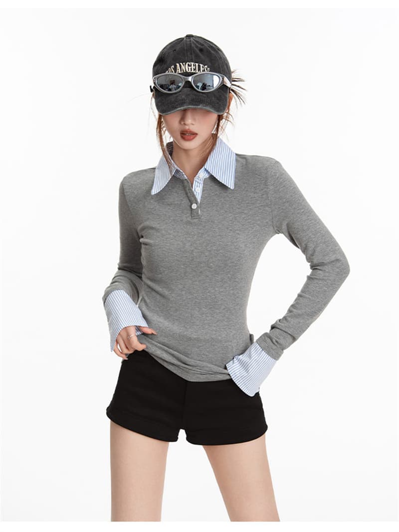 원본 품질 커피 색상 페이크 레이어드 스트라이프 POLO 칼라 긍정적 인 어깨 긴팔 티셔츠 봄 가을 빅 사이즈 몸매 가꾸기 맨위 상세 이미지 3