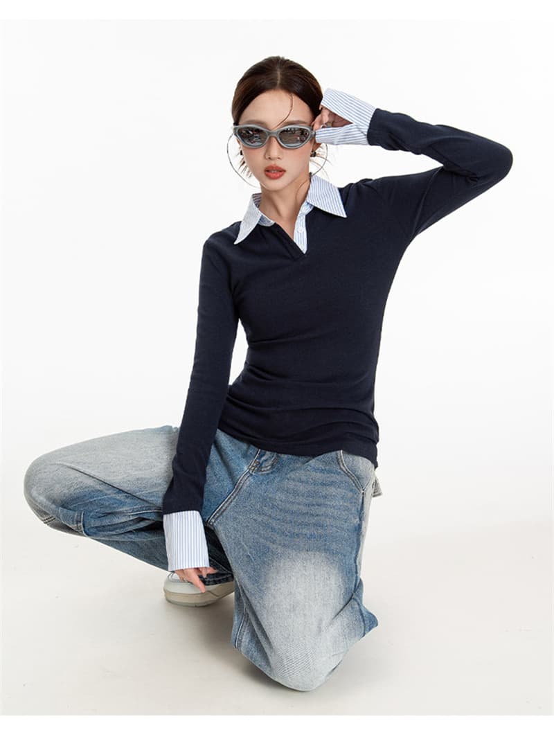 원본 품질 커피 색상 페이크 레이어드 스트라이프 POLO 칼라 긍정적 인 어깨 긴팔 티셔츠 봄 가을 빅 사이즈 몸매 가꾸기 맨위 상세 이미지 5