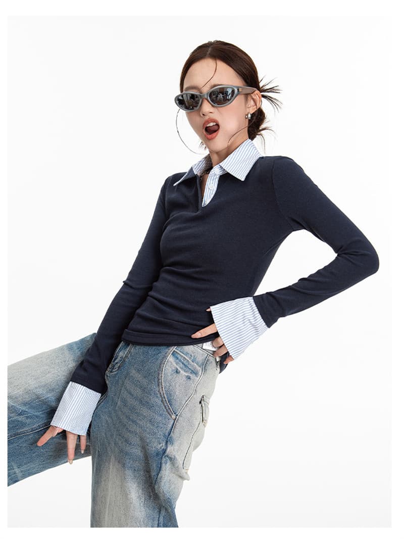 원본 품질 커피 색상 페이크 레이어드 스트라이프 POLO 칼라 긍정적 인 어깨 긴팔 티셔츠 봄 가을 빅 사이즈 몸매 가꾸기 맨위 상세 이미지 7
