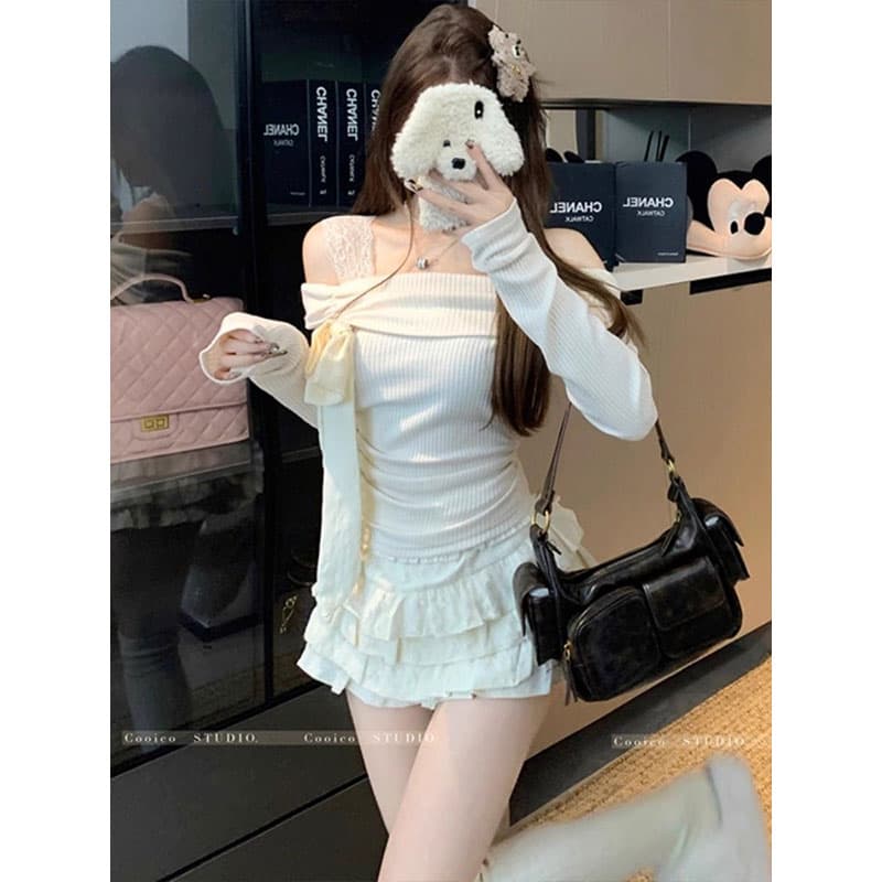 광저우 원단 순수한 욕망 프랑스식 나비 넥타이 긴팔 티셔츠 여성 가을 겨울 핫걸 몸매 가꾸기 인사이드 잡아라. 의류 이미지 2