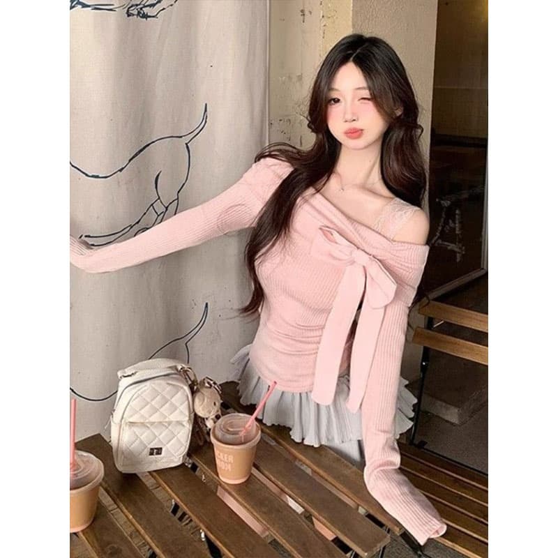 광저우 원단 순수한 욕망 프랑스식 나비 넥타이 긴팔 티셔츠 여성 가을 겨울 핫걸 몸매 가꾸기 인사이드 잡아라. 의류 이미지 3
