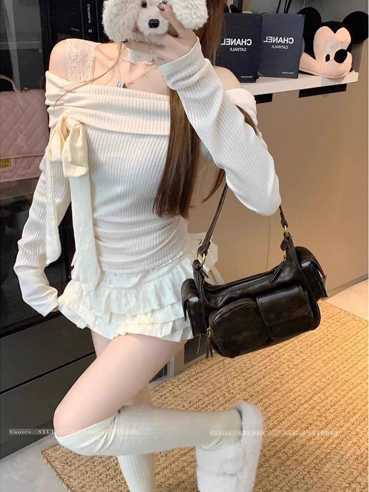 광저우 원단 순수한 욕망 프랑스식 나비 넥타이 긴팔 티셔츠 여성 가을 겨울 핫걸 몸매 가꾸기 인사이드 잡아라. 의류 상세 이미지 6