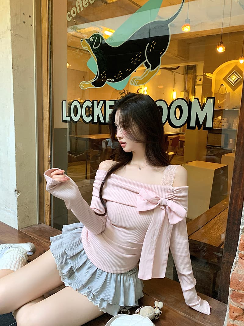 광저우 원단 순수한 욕망 프랑스식 나비 넥타이 긴팔 티셔츠 여성 가을 겨울 핫걸 몸매 가꾸기 인사이드 잡아라. 의류 상세 이미지 11