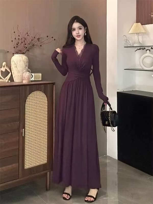 원본 원단 검정색 레이스 조각 V넥 여성 드레스 슬림해 보이는 고급 센스 허리 수축 품격 길다 치마 이미지 3