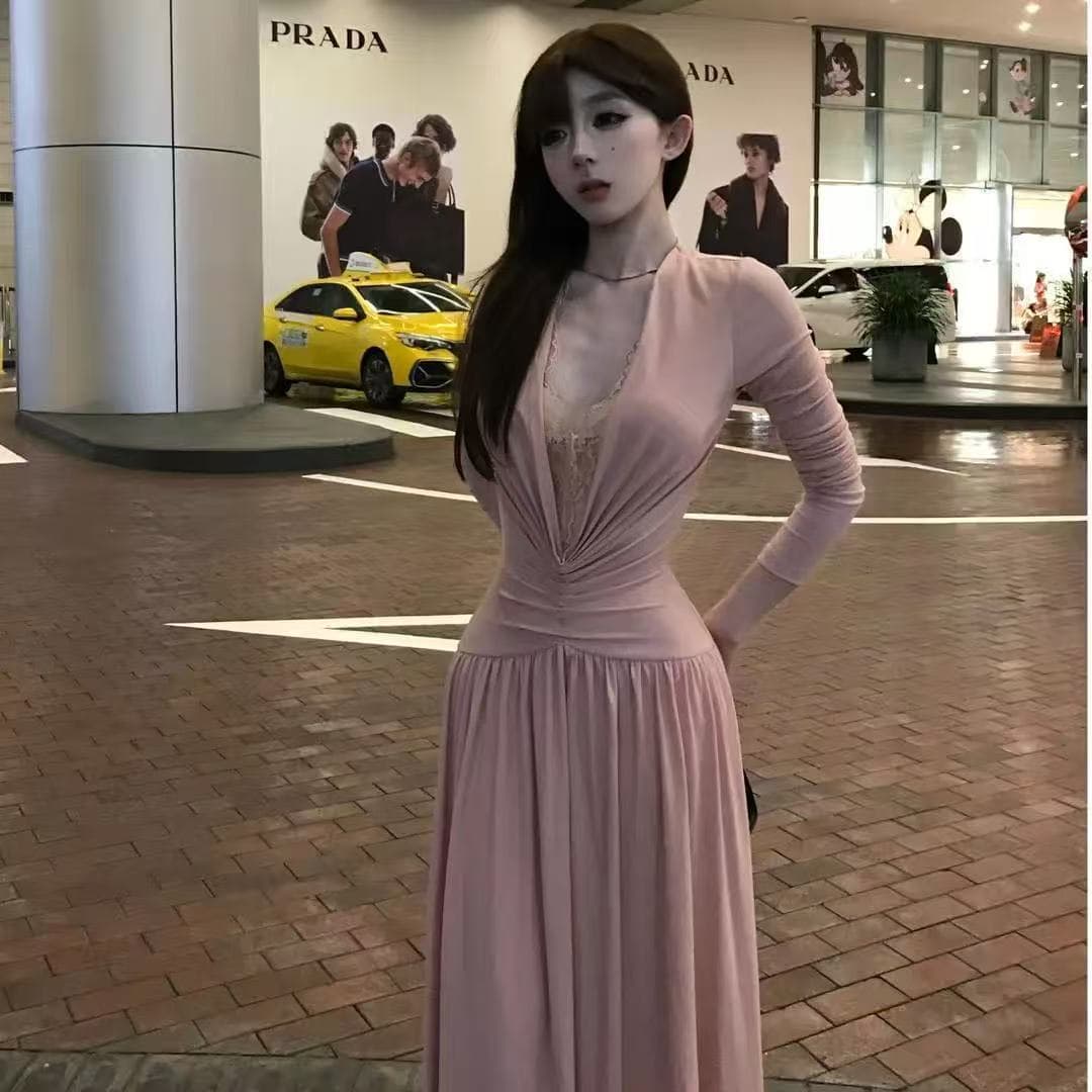 원본 원단 검정색 레이스 조각 V넥 여성 드레스 슬림해 보이는 고급 센스 허리 수축 품격 길다 치마 상세 이미지 3