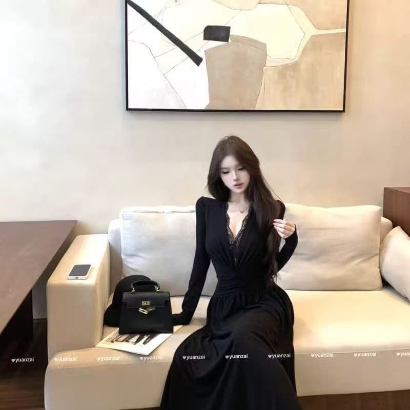 원본 원단 검정색 레이스 조각 V넥 여성 드레스 슬림해 보이는 고급 센스 허리 수축 품격 길다 치마 상세 이미지 4