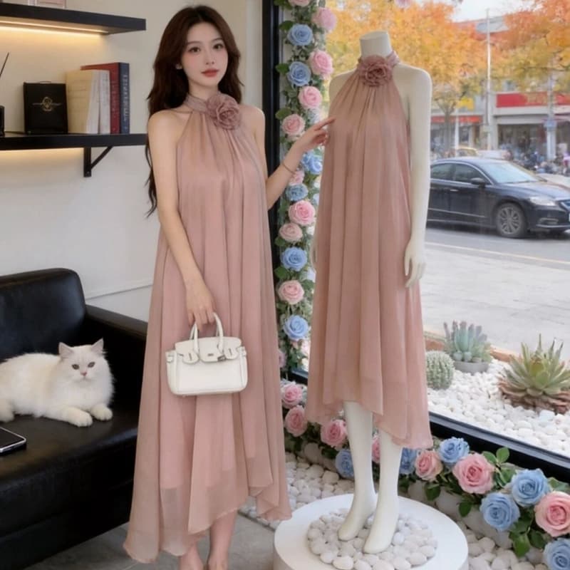 원본 것 프랑스식 부드러운 바람 행침 목 여성 드레스 새로운 디자인 센스 슬림해 보이는 품격 휴가 바람 길다 치마 이미지 3