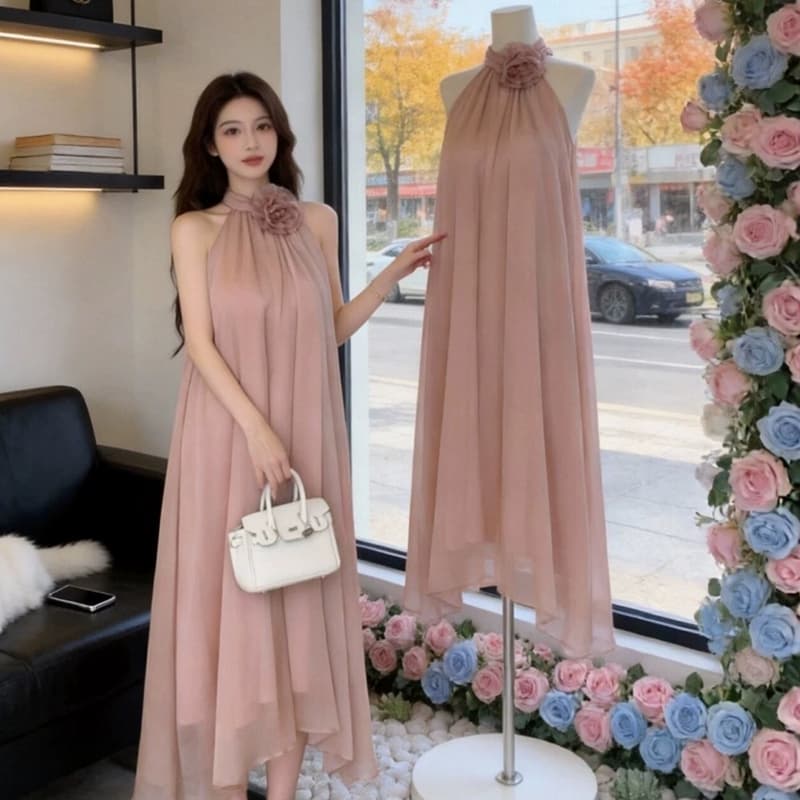 원본 것 프랑스식 부드러운 바람 행침 목 여성 드레스 새로운 디자인 센스 슬림해 보이는 품격 휴가 바람 길다 치마 이미지 2