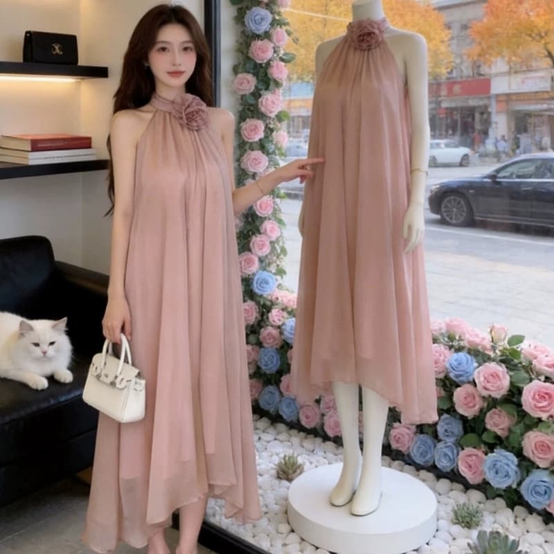 원본 것 프랑스식 부드러운 바람 행침 목 여성 드레스 새로운 디자인 센스 슬림해 보이는 품격 휴가 바람 길다 치마 이미지 5