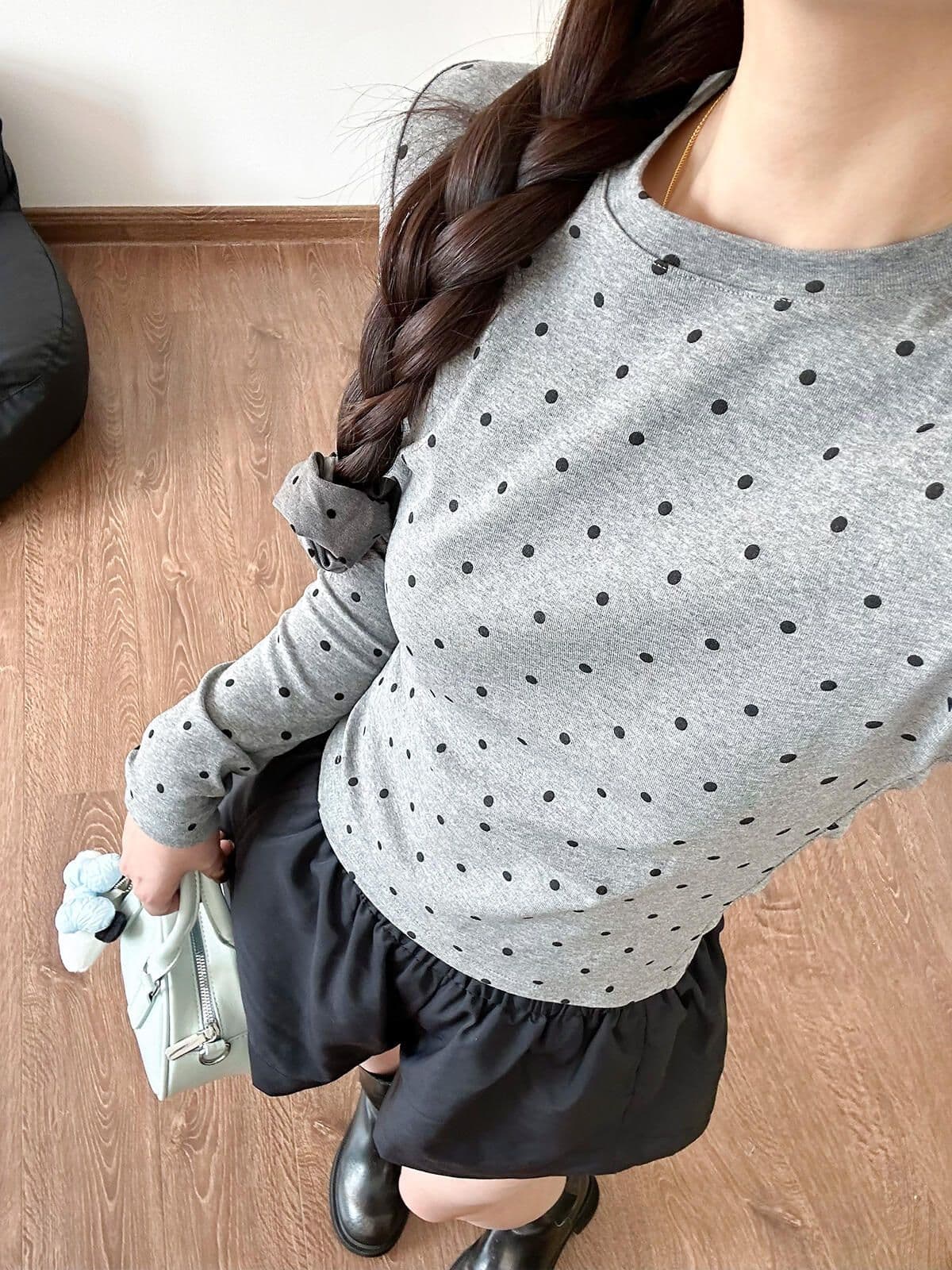 220 그램 40 빗질하다 92 면 8 암모니아 Lun 라이트 보드 전체 인쇄 긴팔 도트 무늬 몸매 가꾸기 긍정적 인 어깨 티셔츠 여성 상세 이미지 2