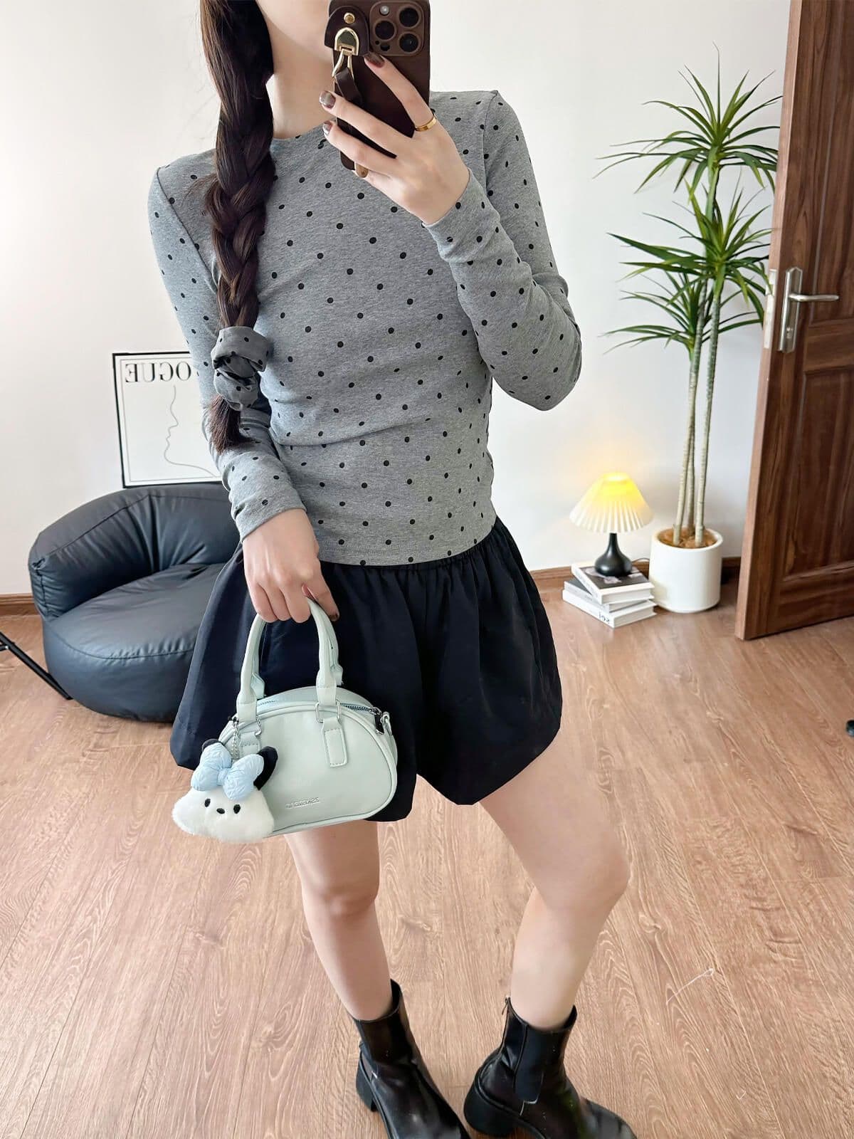 220 그램 40 빗질하다 92 면 8 암모니아 Lun 라이트 보드 전체 인쇄 긴팔 도트 무늬 몸매 가꾸기 긍정적 인 어깨 티셔츠 여성 상세 이미지 3