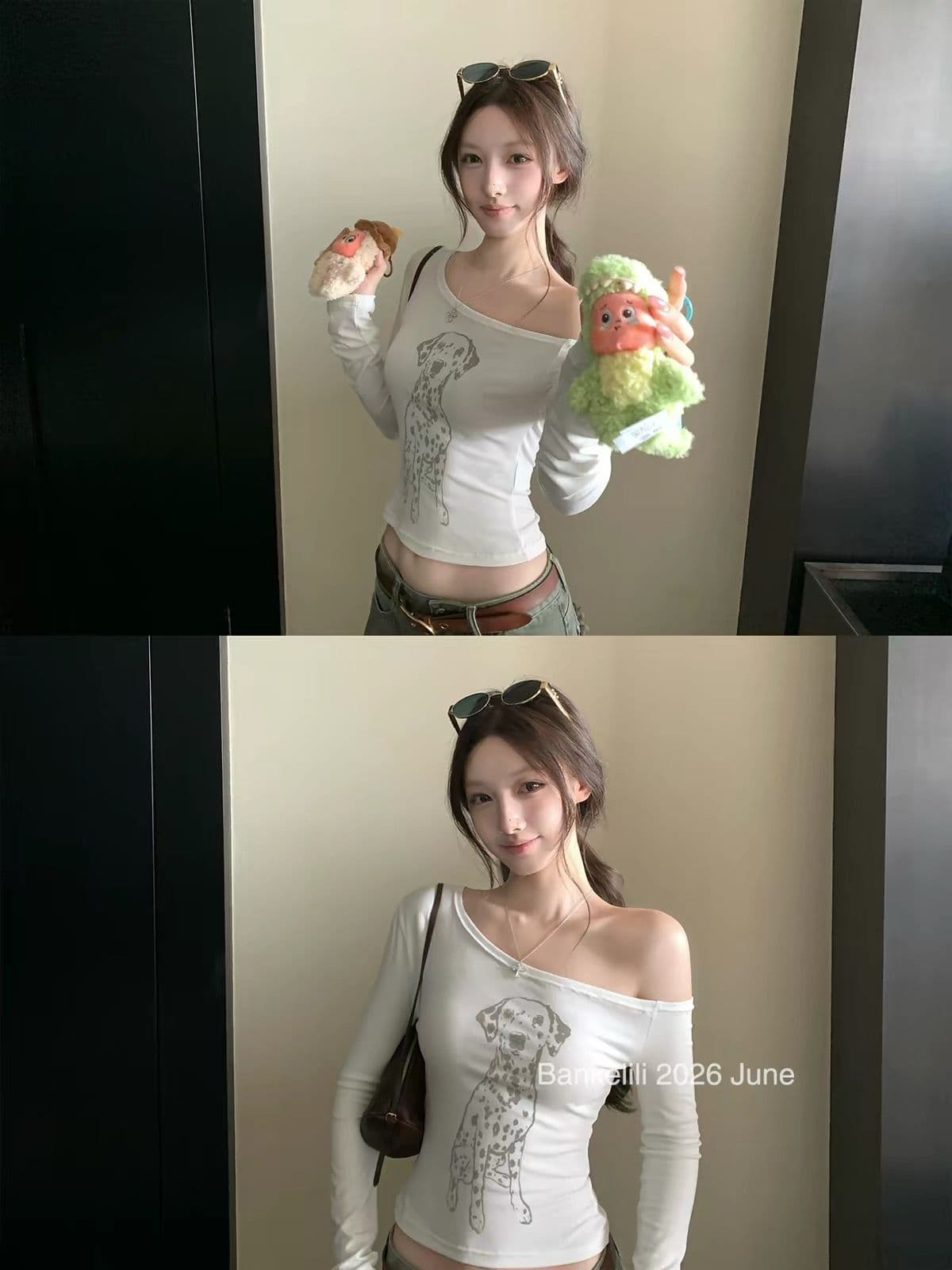 220 그램 92 면 8 암모니아 Lun 비스듬한 칼라 오프숄더 티셔츠 여성 긴 소매 기본 셔츠 여성 상세 이미지 4