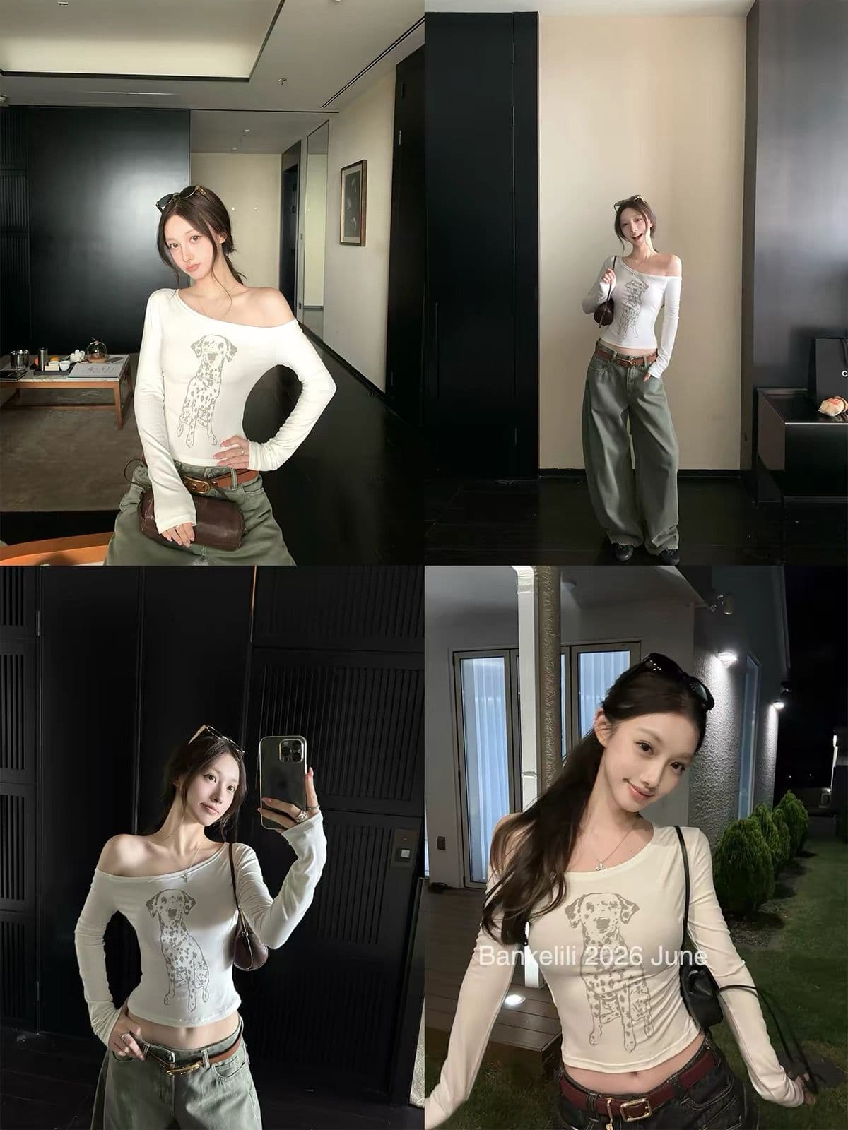 220 그램 92 면 8 암모니아 Lun 비스듬한 칼라 오프숄더 티셔츠 여성 긴 소매 기본 셔츠 여성 상세 이미지 6