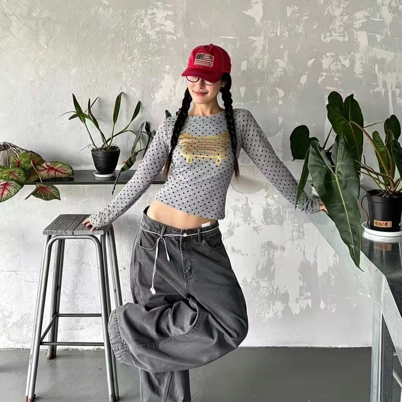 220 그램 40 빗질하다 92 면 8 암모니아 Lun 도트 무늬 몸매 가꾸기 긴팔 티셔츠 여성 이미지 5