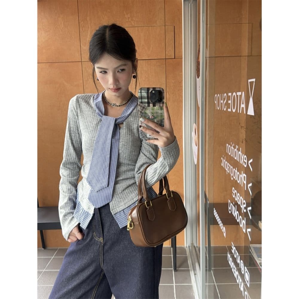한 부서 학원 스타일 품격 달콤함 체크무늬 패치워크 페이크 레이어드 디자인 센스 몸매 가꾸기 슬림해 보이는 아름다운 외국 가스 맨위 여성