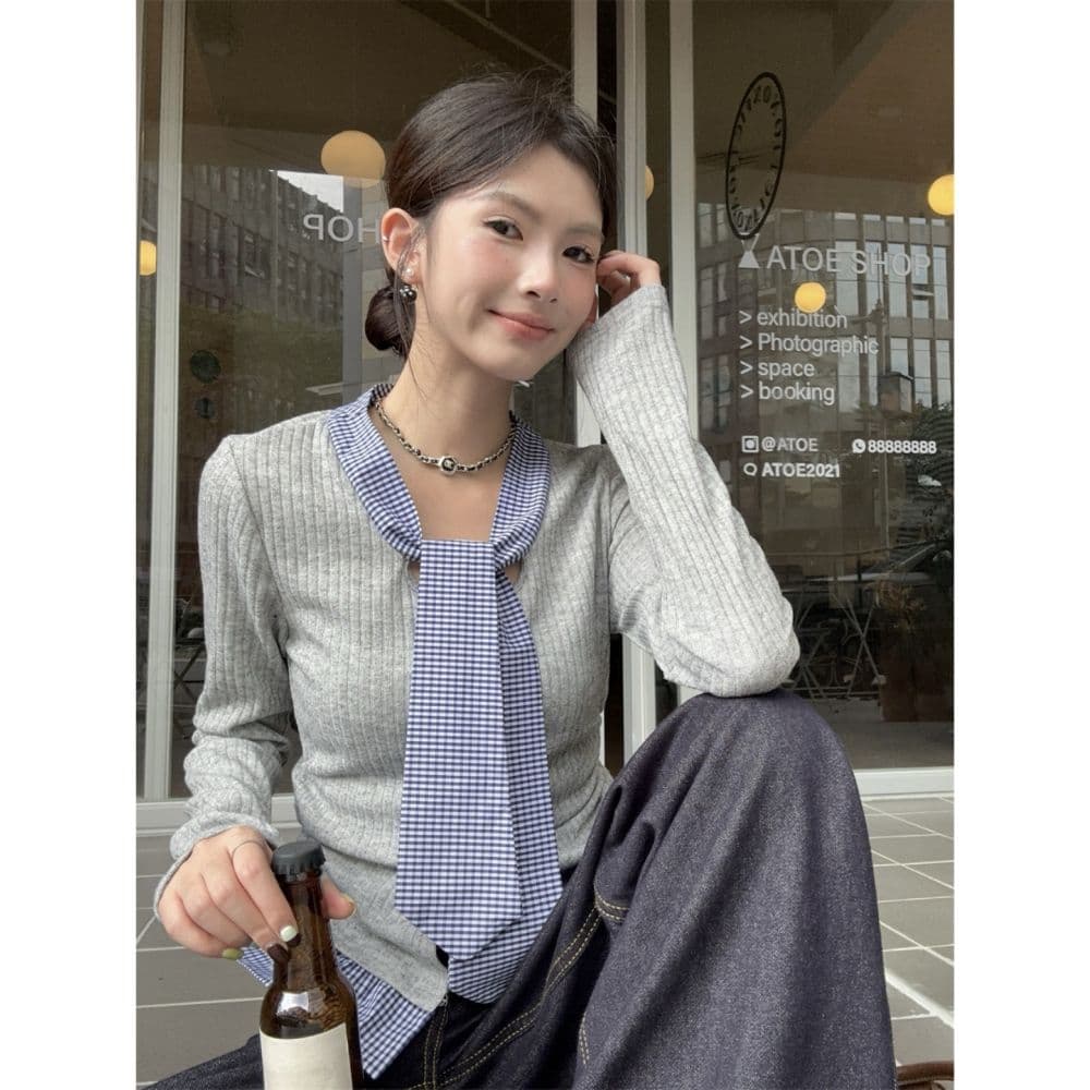 한 부서 학원 스타일 품격 달콤함 체크무늬 패치워크 페이크 레이어드 디자인 센스 몸매 가꾸기 슬림해 보이는 아름다운 외국 가스 맨위 여성 이미지 3