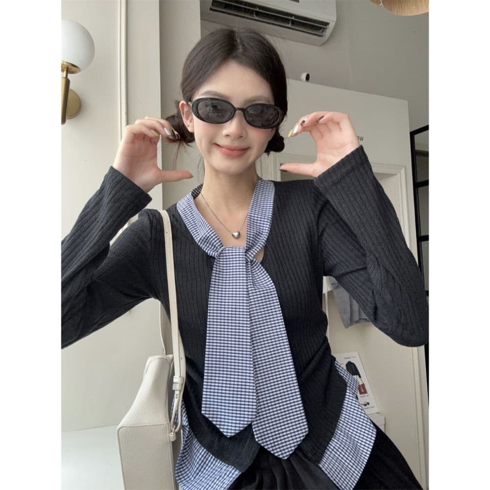 한 부서 학원 스타일 품격 달콤함 체크무늬 패치워크 페이크 레이어드 디자인 센스 몸매 가꾸기 슬림해 보이는 아름다운 외국 가스 맨위 여성 이미지 5