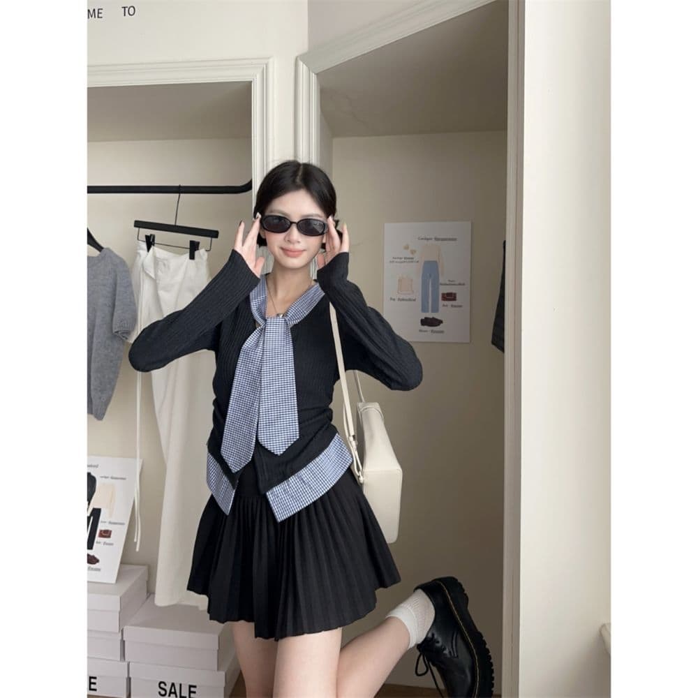 한 부서 학원 스타일 품격 달콤함 체크무늬 패치워크 페이크 레이어드 디자인 센스 몸매 가꾸기 슬림해 보이는 아름다운 외국 가스 맨위 여성 상세 이미지 2