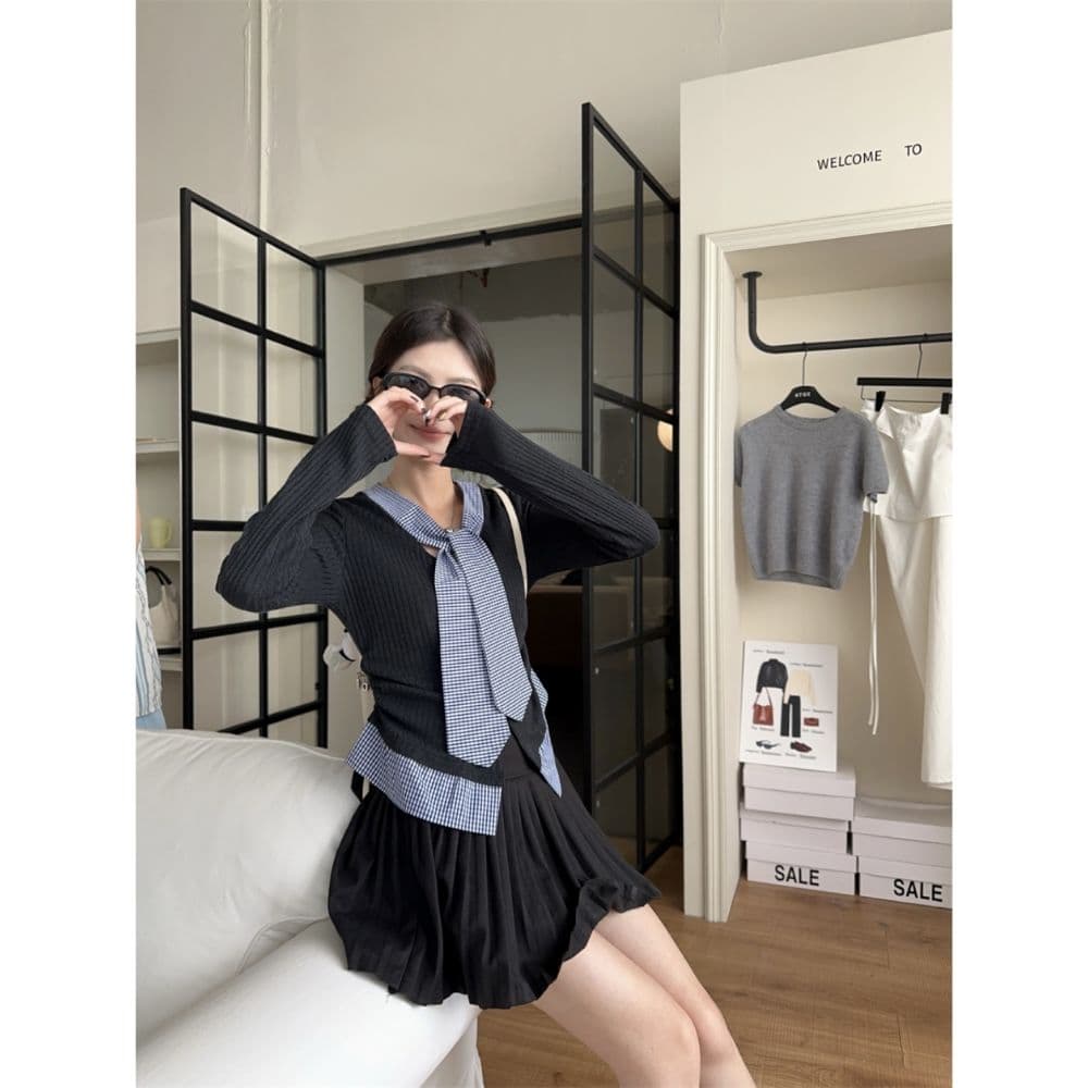 한 부서 학원 스타일 품격 달콤함 체크무늬 패치워크 페이크 레이어드 디자인 센스 몸매 가꾸기 슬림해 보이는 아름다운 외국 가스 맨위 여성 상세 이미지 4