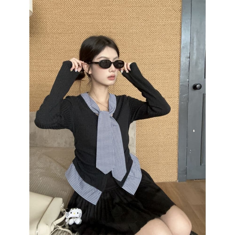 한 부서 학원 스타일 품격 달콤함 체크무늬 패치워크 페이크 레이어드 디자인 센스 몸매 가꾸기 슬림해 보이는 아름다운 외국 가스 맨위 여성 상세 이미지 5