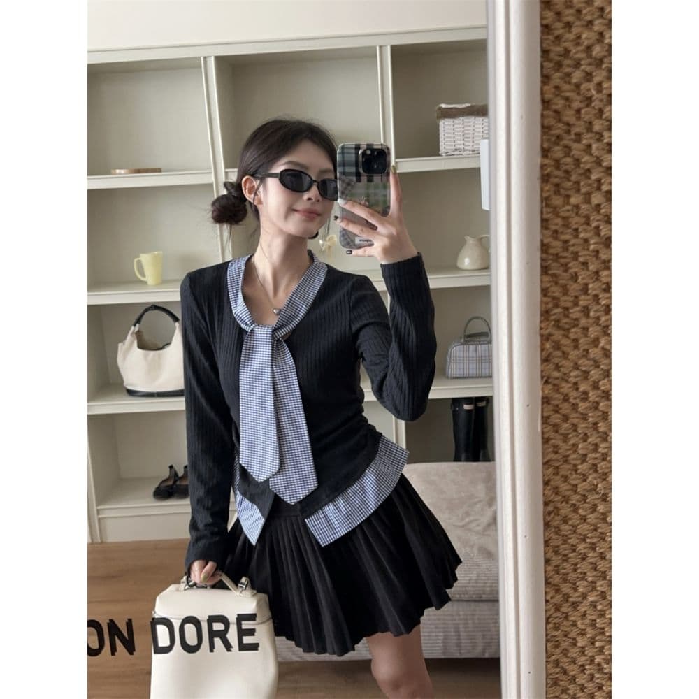 한 부서 학원 스타일 품격 달콤함 체크무늬 패치워크 페이크 레이어드 디자인 센스 몸매 가꾸기 슬림해 보이는 아름다운 외국 가스 맨위 여성 상세 이미지 6