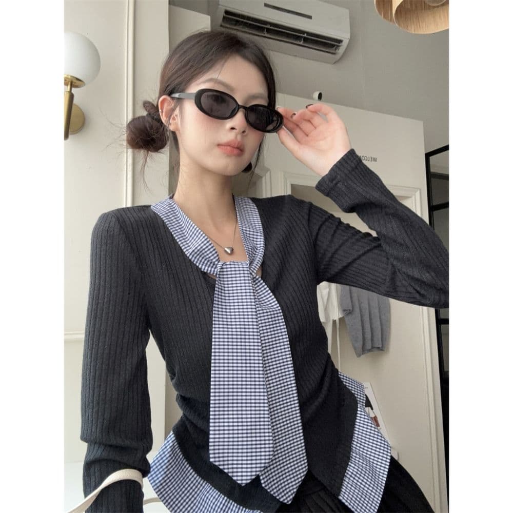 한 부서 학원 스타일 품격 달콤함 체크무늬 패치워크 페이크 레이어드 디자인 센스 몸매 가꾸기 슬림해 보이는 아름다운 외국 가스 맨위 여성 상세 이미지 16