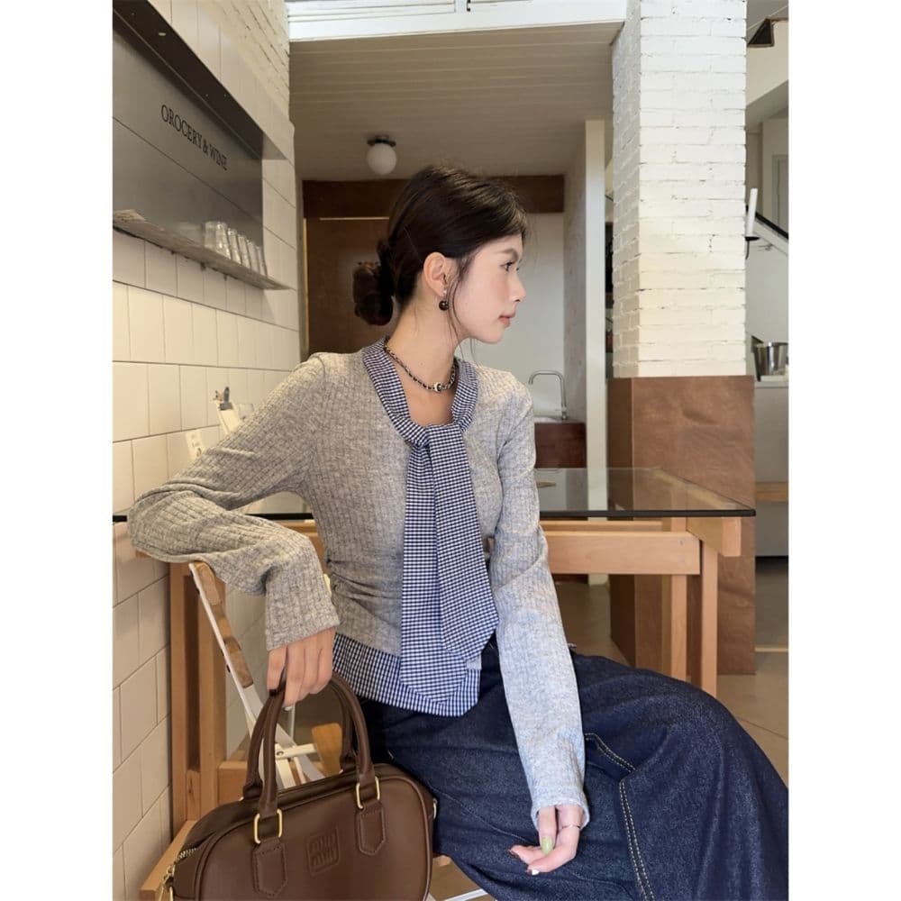 한 부서 학원 스타일 품격 달콤함 체크무늬 패치워크 페이크 레이어드 디자인 센스 몸매 가꾸기 슬림해 보이는 아름다운 외국 가스 맨위 여성 상세 이미지 17
