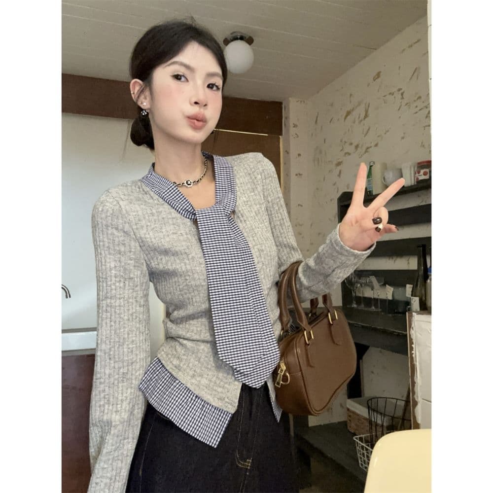 한 부서 학원 스타일 품격 달콤함 체크무늬 패치워크 페이크 레이어드 디자인 센스 몸매 가꾸기 슬림해 보이는 아름다운 외국 가스 맨위 여성 상세 이미지 28