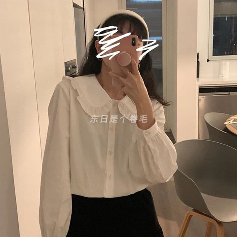 일본식 달콤함 베이비 칼라 긴팔 여성 셔츠 2026 가을 새로운 인사이드 가져 가라. 스택 착용 셔츠 루즈핏 연령 감소 맨위