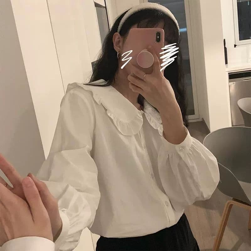 일본식 달콤함 베이비 칼라 긴팔 여성 셔츠 2026 가을 새로운 인사이드 가져 가라. 스택 착용 셔츠 루즈핏 연령 감소 맨위 상세 이미지 2