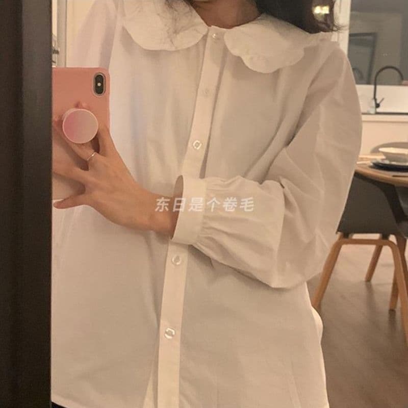 일본식 달콤함 베이비 칼라 긴팔 여성 셔츠 2026 가을 새로운 인사이드 가져 가라. 스택 착용 셔츠 루즈핏 연령 감소 맨위 상세 이미지 8