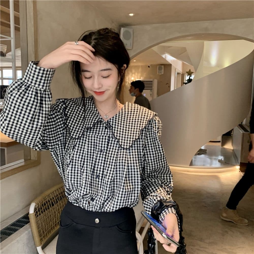 프랑스식 배색 체크무늬 베이비 칼라 여성 셔츠 가을 2026 새로운 캐주얼 루즈핏 슬림해 보이는 단추 품격 맨위 이미지 4