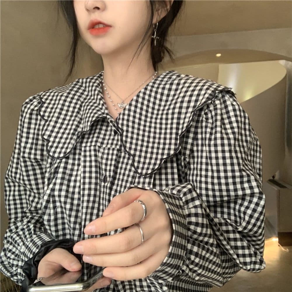 프랑스식 배색 체크무늬 베이비 칼라 여성 셔츠 가을 2026 새로운 캐주얼 루즈핏 슬림해 보이는 단추 품격 맨위 상세 이미지 5