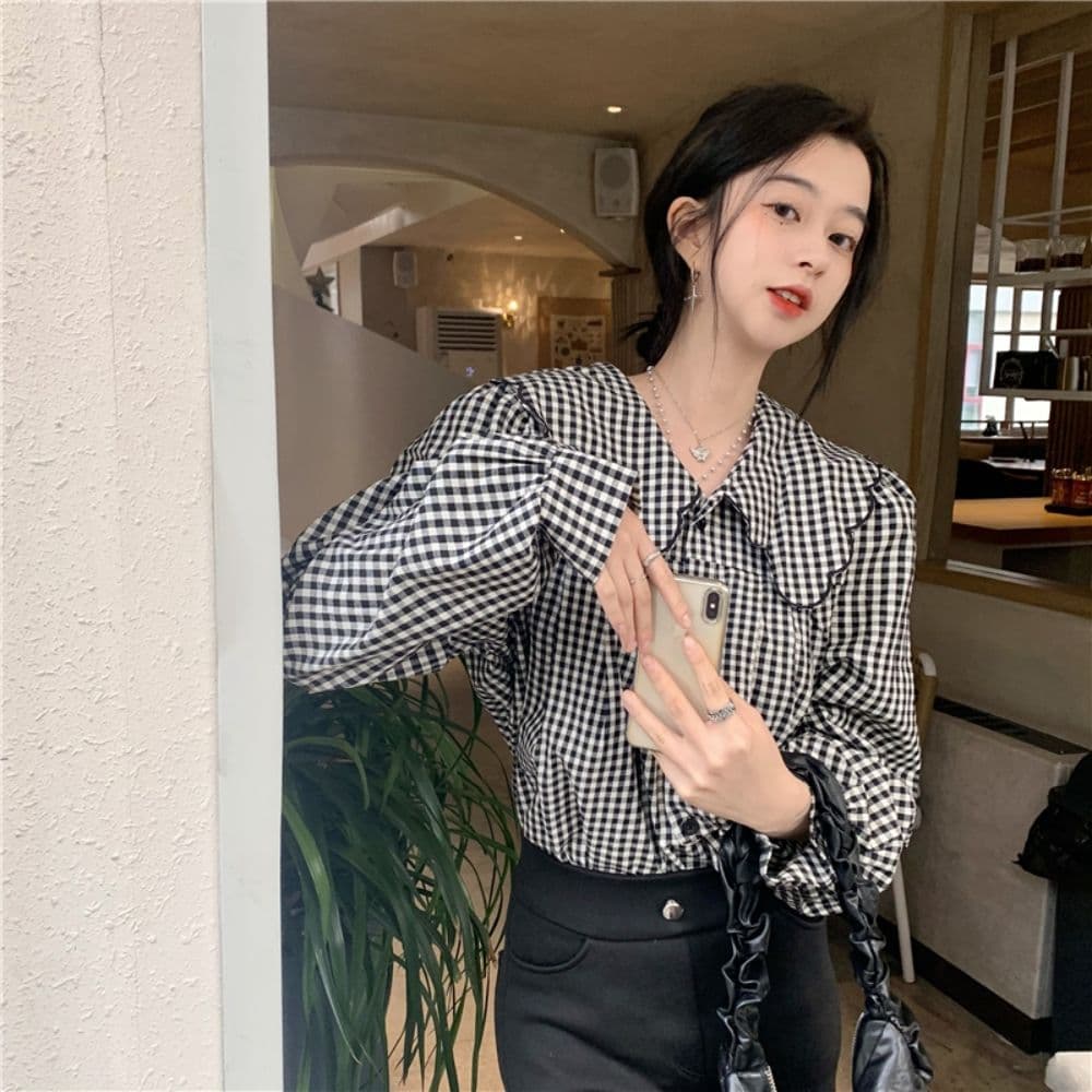 프랑스식 배색 체크무늬 베이비 칼라 여성 셔츠 가을 2026 새로운 캐주얼 루즈핏 슬림해 보이는 단추 품격 맨위 상세 이미지 10