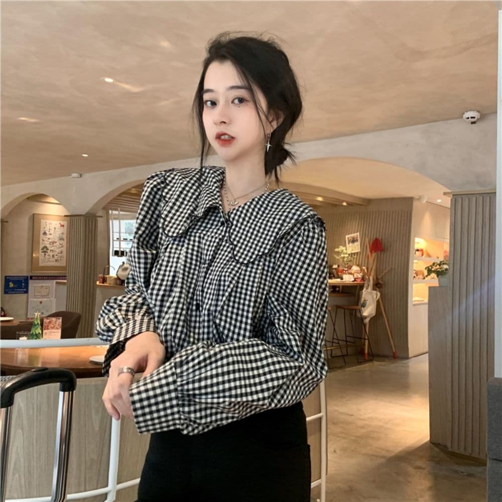 프랑스식 배색 체크무늬 베이비 칼라 여성 셔츠 가을 2026 새로운 캐주얼 루즈핏 슬림해 보이는 단추 품격 맨위 상세 이미지 11