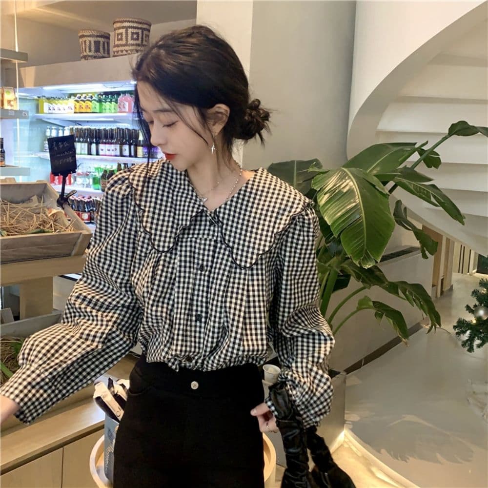 프랑스식 배색 체크무늬 베이비 칼라 여성 셔츠 가을 2026 새로운 캐주얼 루즈핏 슬림해 보이는 단추 품격 맨위 상세 이미지 13