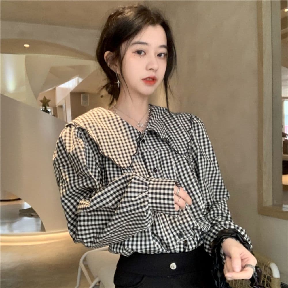 프랑스식 배색 체크무늬 베이비 칼라 여성 셔츠 가을 2026 새로운 캐주얼 루즈핏 슬림해 보이는 단추 품격 맨위 상세 이미지 14