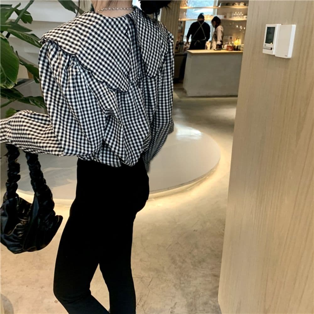 프랑스식 배색 체크무늬 베이비 칼라 여성 셔츠 가을 2026 새로운 캐주얼 루즈핏 슬림해 보이는 단추 품격 맨위 상세 이미지 15