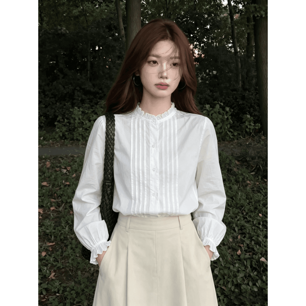 패션 외국 가스 맨위 2026 이른 가을 여성 의류 프랑스식 Chic 흰 셔츠 디자인 센스 작은 대중 스탠드 칼라 긴팔 셔츠 상세 이미지 2